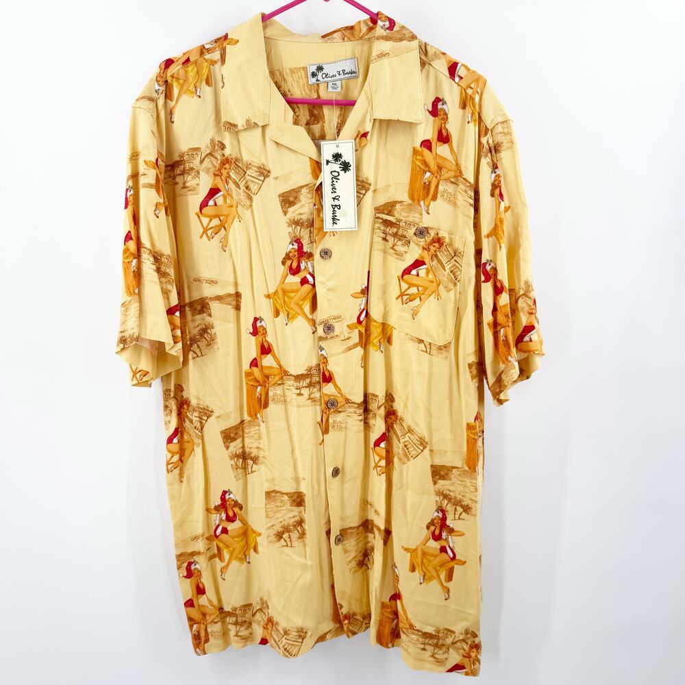 Oliver & Burke Hawaiian Shirt Men XXL Santa Pin Up Girls Beach Vaca Tropical NWT